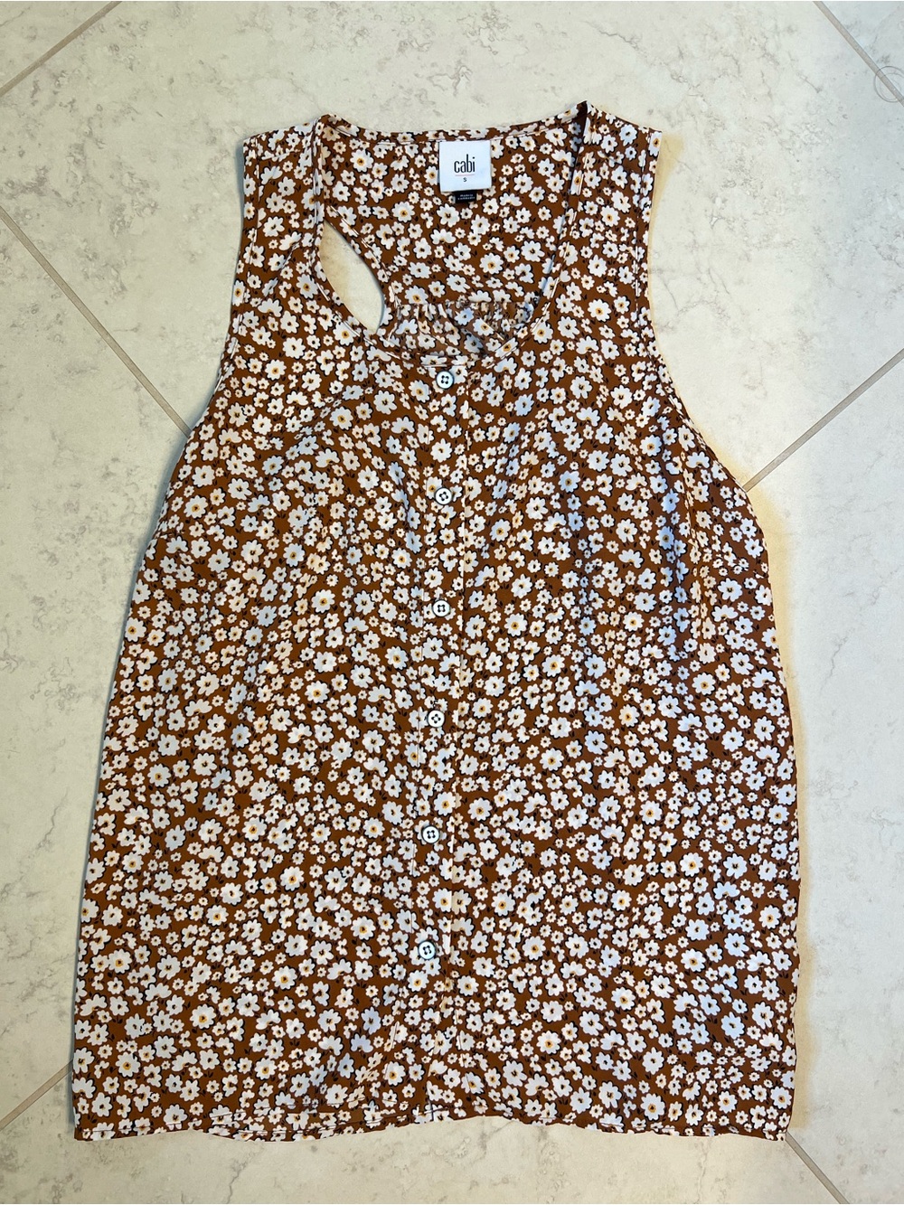 CAbi Brown Floral Lark Racer Back Tank Top, Button Up, Style #4358 - Picture 3 of 11
